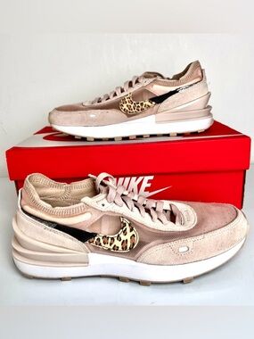Nike Waffle One Fossil Stone Leopard Sneakers Size 8 Neutral Suede Mesh Trainers